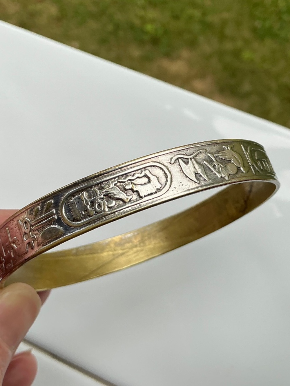 Vintage Mexican Hieroglyphic Bangle Bracelet Stamped Mixed Metal Taxco Style - Picture 4 of 15